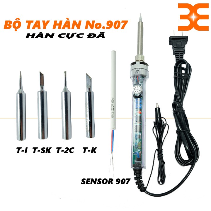 Tay Hàn 907 60W Có Điều Chỉnh Nhiệt Độ Thường + Phụ Kiện: Senser 907, Mũi hàn 907: T-K, T-Sk, T-I, T-2.TC - tay han 907