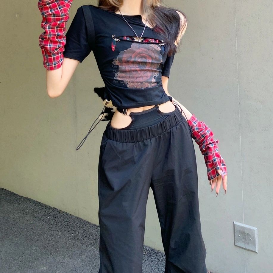 Áo Thun Ngắn Tay Hở Vai Giả Hai Mảnh Phong Cách Punk Đường Phố Gợi Cảm Thời Trang Mùa Hè Mới Dành Cho Nữ y2k