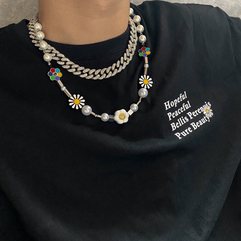 Vòng Cổ Mặt Hình Hoa Cúc Đính Ngọc Trai Sang Trọng Theo Phong Cách Hip Hop Cá Tính
