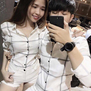 Áo sơ mi cặp nam nữ sọc cAro trắng nổi
