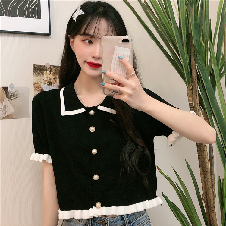 Áo Croptop Dệt Kim Cổ Búp Bê Phối Nút Ngọc Trai Thời Trang Dễ Thương Cho Nữ