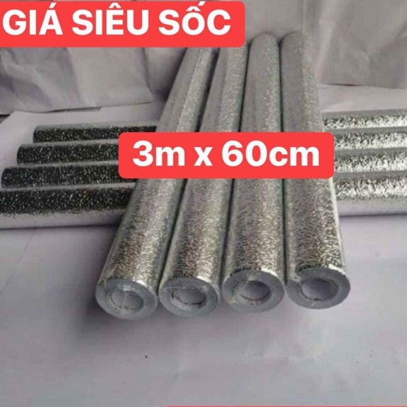 Giấy bạc dán tường nhà bếp tráng nhôm khổ 1.2m cuộn decal bạc cách nhiệt chống thấm dầu mỡ dễ lau chùi (khosithuanthanh)