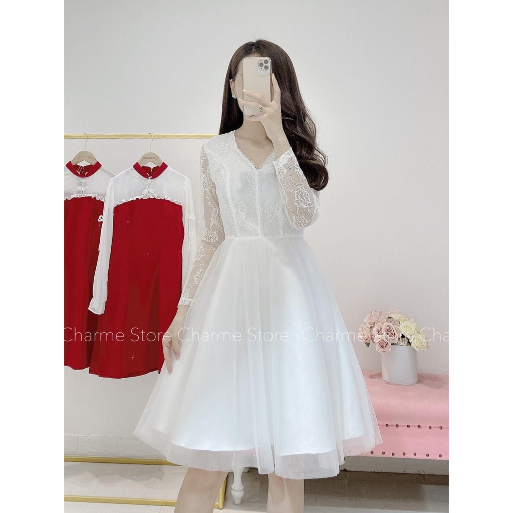 Váy trắng dự tiệc xinh cổ V
