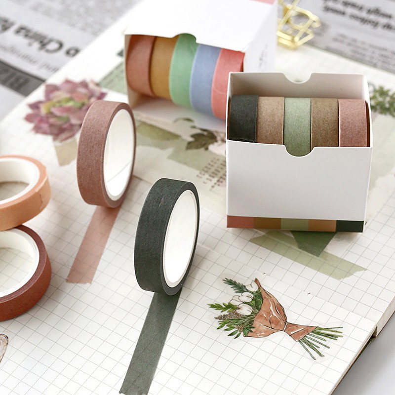 Set Washi tape băng dính pastel 5 cuộn đơn sắc X-MO trang trí sổ tay, Nhật ký, làm Bullet Journal