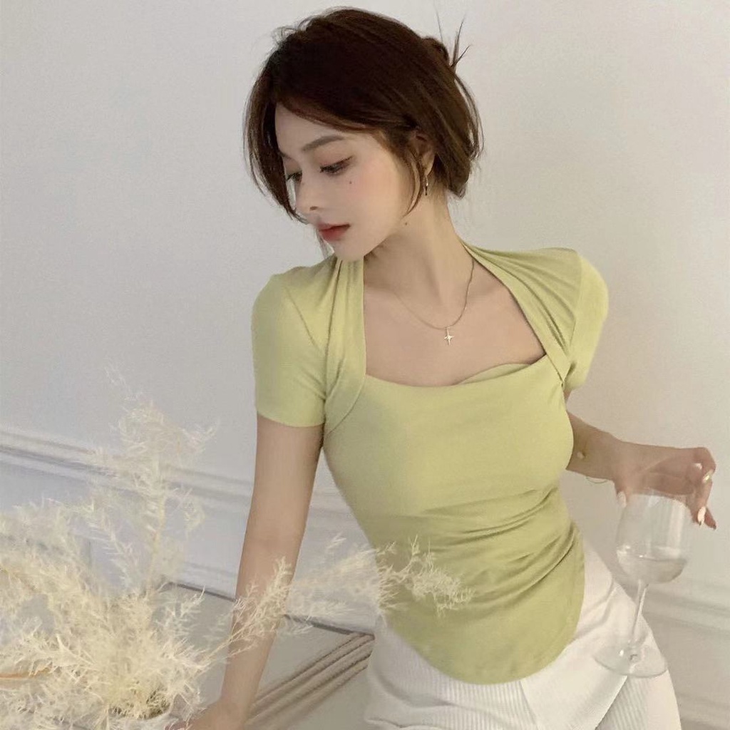 Áo thun COZOK tay ngắn cổ vuông ôm dáng thời trang cho nữ