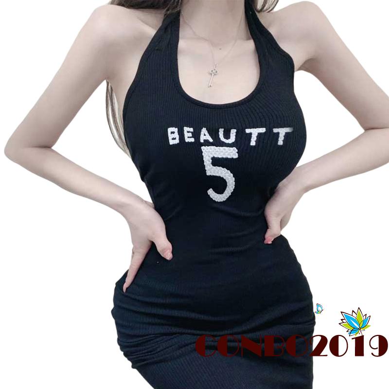 Đầm Ôm Hai Dây Hở Lưng Thêu Chữ Thời Trang Mùa Hè Cho Nữ