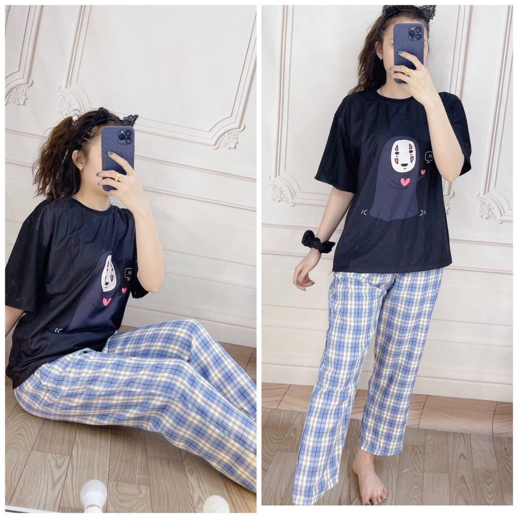 Set đồ nữ quần kẻ caro ống rộng, áo thun Unisex tay lỡ CHILL SHOP, thoáng mát freesize dưới 60kg | BigBuy360 - bigbuy360.vn