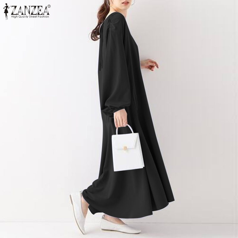 Đầm Maxi ZANZEA Cổ V Tay Phồng Màu Trơn Thời Trang Cho Nữ