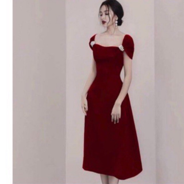595k đầm nhung phối nơ vai