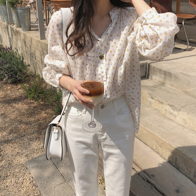 (HÀNG SẴN) Áo sơ mi nữ MORAN hoa nhí cổ đứng nhẹ nhàng style Vintage công sở Hàn Quốc | BigBuy360 - bigbuy360.vn