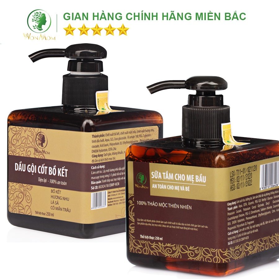 [ Giảm 35K - Đơn 339K ] Bộ dưỡng thơm tho body và làm sạch cơ thể Wonmom ( Dầu gội cốt bồ kết + Sữa tắm hữu cơ cho mẹ )