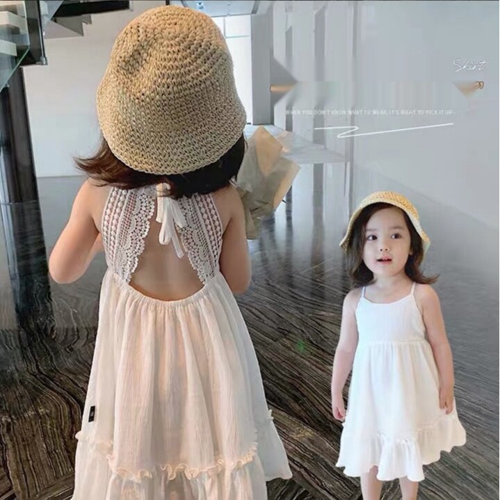 Đầm Cotton Hở Lưng Màu Trắng Thanh Lịch Cho Bé Gái 1-8 Tuổi