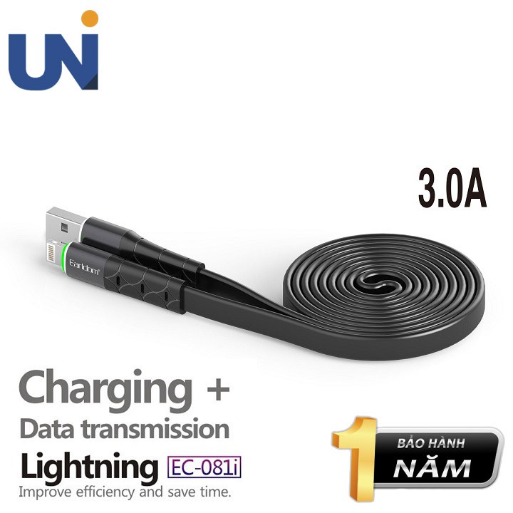 Cáp Sạc Nhanh 3A Earldom EC081 Có Đèn LED Báo, Dài 1M, Tốc Độ Cao Dài 2M Chân Lightning TypeC Micro Cho Iphone Samsung