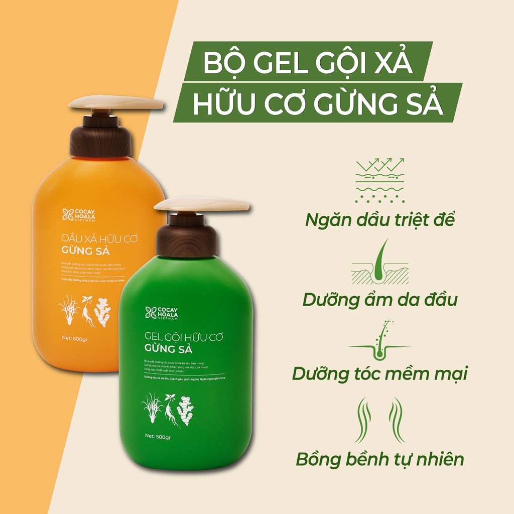 Dầu Gội Xả Hữu Cơ Gừng Sả Cocayhoala- Làm sạch sâu da đầu, giảm tóc bết dung tích 500g