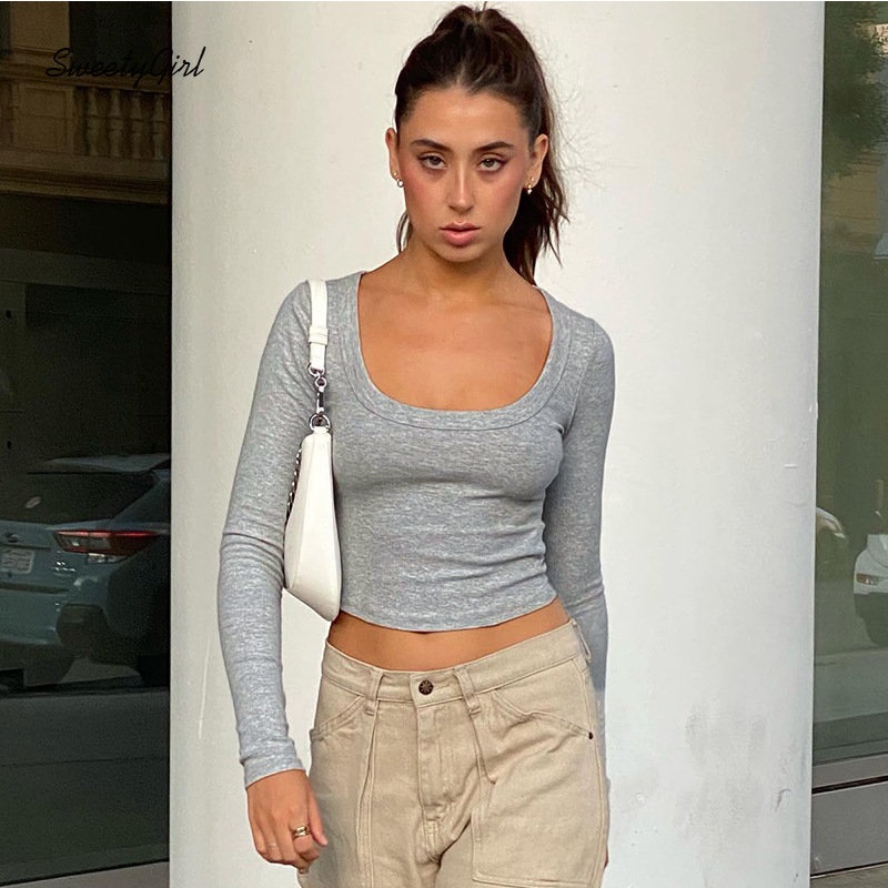 Áo Croptop Tay Dài Cổ Chữ U Màu Xám Trơn Thời Trang 2022 Quyến Rũ Cho Nữ