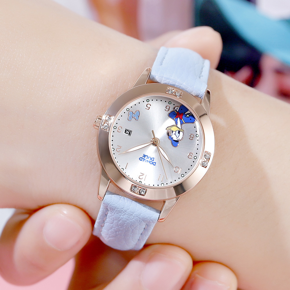 Đồng Hồ Đeo Tay Máy Quartz Dạ Quang In Hoạt Hình Disney Minnie Donald Bằng Thép Không Gỉ Dễ Thương Cho Bé Gái