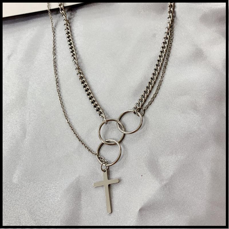 Punk titanium steel necklace tramp hip hop ring Euramerican style ins yuansuo Street personality cross double necklaces trend