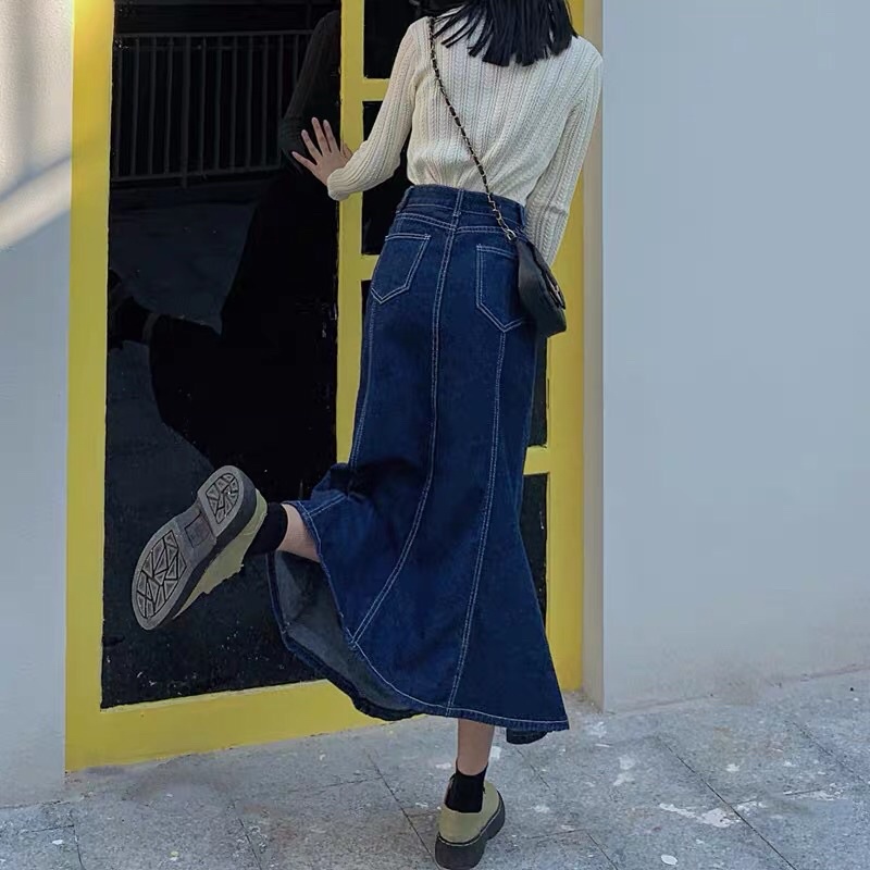 Chân váy jean đuôi cá cạp lưng cao, Chân váy bò dáng dài order ulzzang phong cách Hàn Quốc order Taobao