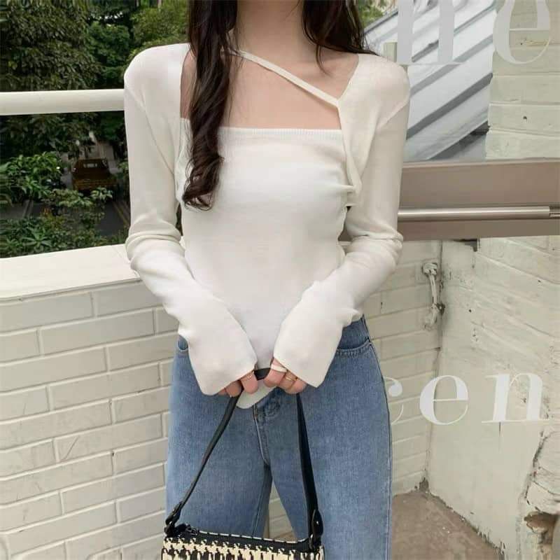 Áo len vạt nhọn dây chéo cổ hàng QC