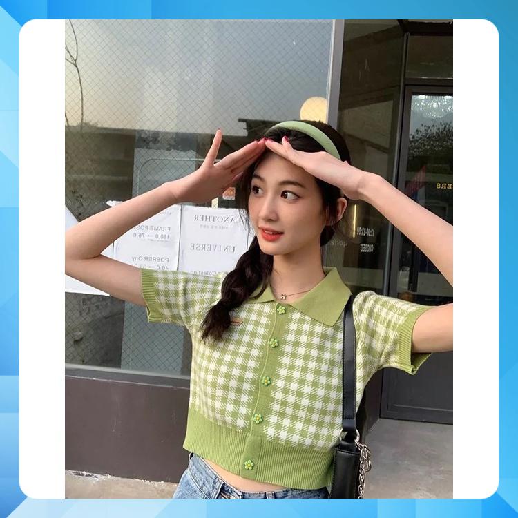 Áo Len Dệt Kim Croptop Caro Nút Hoa Mã ALB55 | Style Dễ Thương