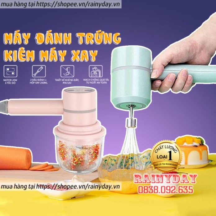 Máy đánh trứng cầm tay mini kiêm máy xay thịt đa năng sạc tích điện xay tỏi ớt, rau củ đa năng