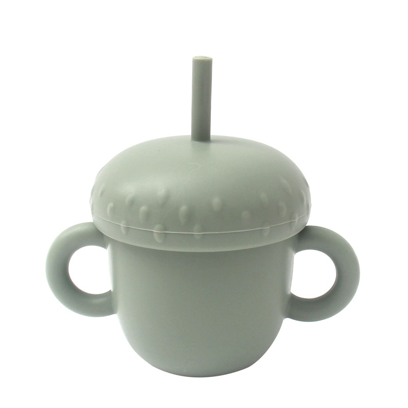 Bình Uống Nước Di Động Bằng Silicone Có Tay Cầm Và Ống Hút Đôi Cho Bé Sơ Sinh