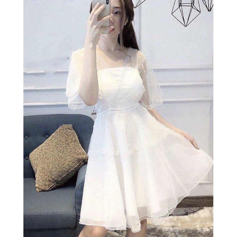 *THANH LÝ* Váy trắng tiểu thư size S - Dáng xèo đính ngọc tay cộc - Đầm dự tiệc (hàng miiu shop)