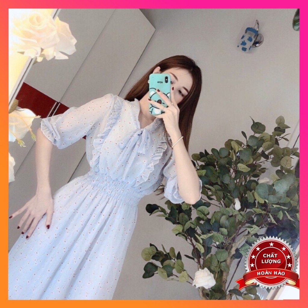 Đầm Maxi đi biển Hoa nhí DH002, thắt nơ cổ, tay lỡ, eo nhún nữ tính | BigBuy360 - bigbuy360.vn