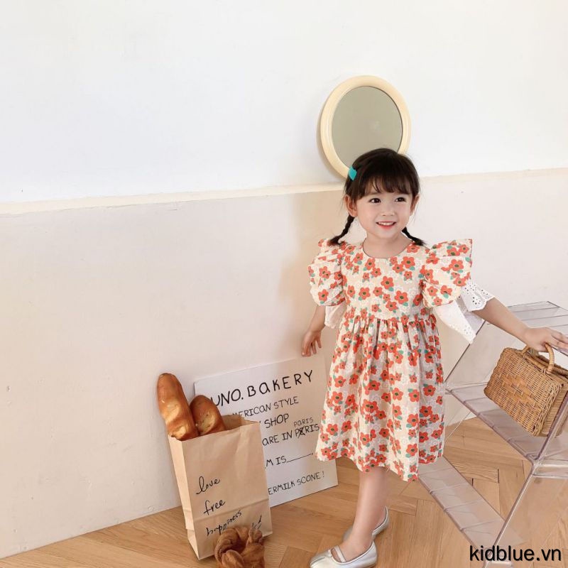 Dress Girls' Print Cuffs Princess Dress Baby Girls Clothes Short-sleeved Sweet Cute Knee-Length Skirt Casual Dress