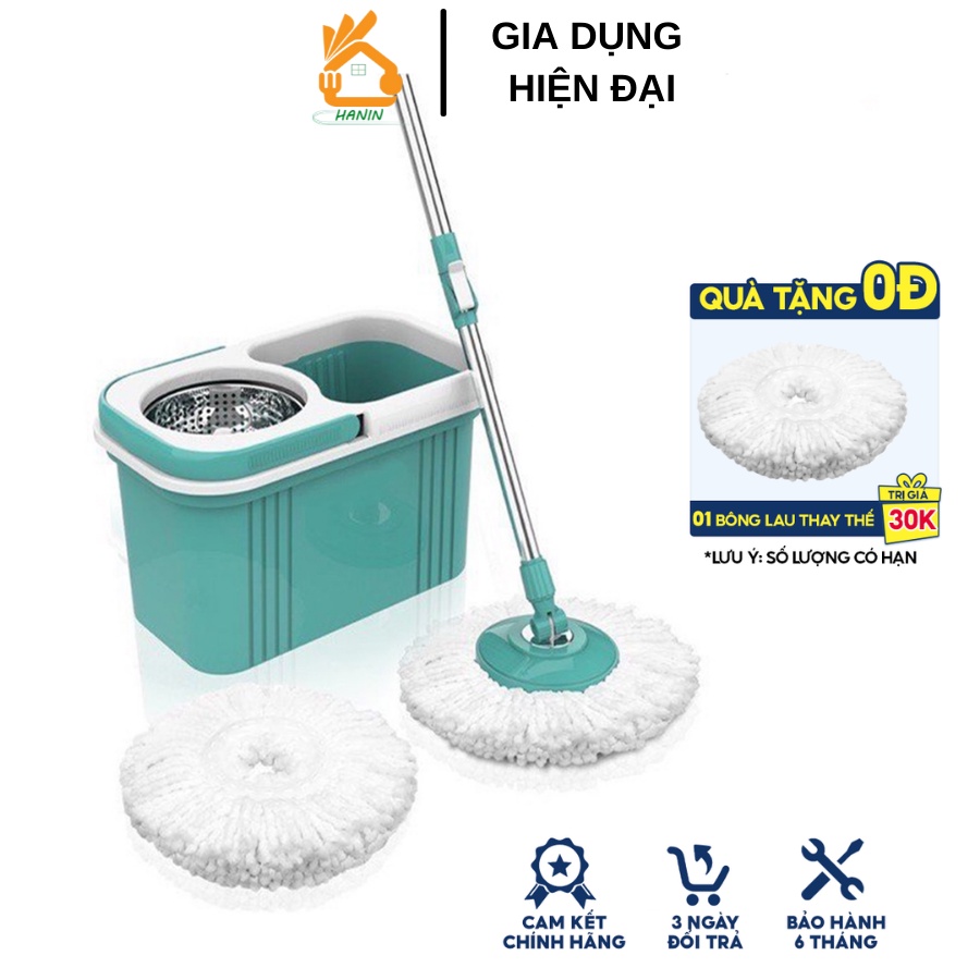 Bộ cây lau nhà xoay 360 độ chính hãng tặng kèm bông lau - Cây lau nhà mâm tròn xoay 360 độ, cán nhựa, thùng 2 ngăn