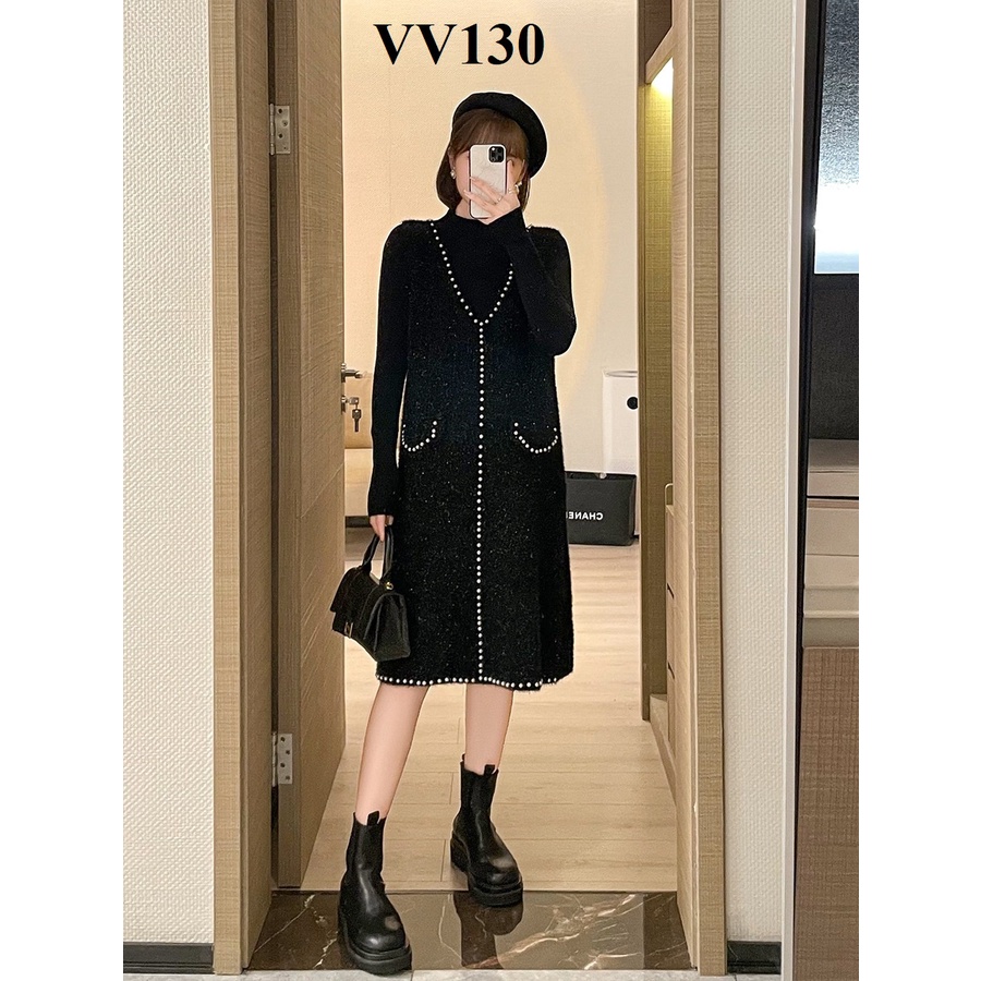 Set đầm Len Bầu Tay Dài  đính hạt hàng Quảng Châu CC siêu xinh