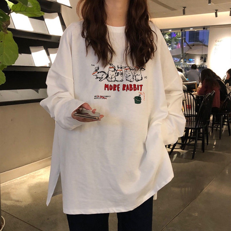 Áo Thun Cotton Tay Dài Dáng Rộng Màu Trắng Phong Cách Hàn Quốc Thời Trang Cho Nữ