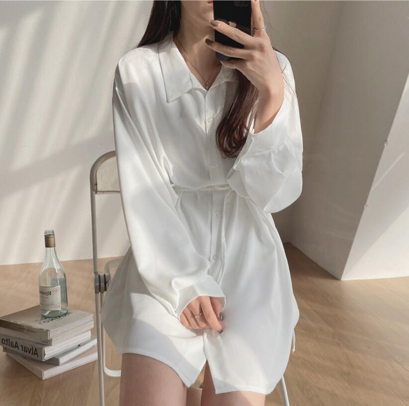 SUXI Đầm Sơ Mi Trắng Dài Tay Phong Cách Hàn Quốc Dành Cho Nữ