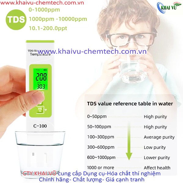 Máy đo ĐỘ MẶN, TDS, EC, TỶ TRỌNG, NHIỆT ĐỘ kiểm tra chất lượng nước 5 trong 1 (C100)