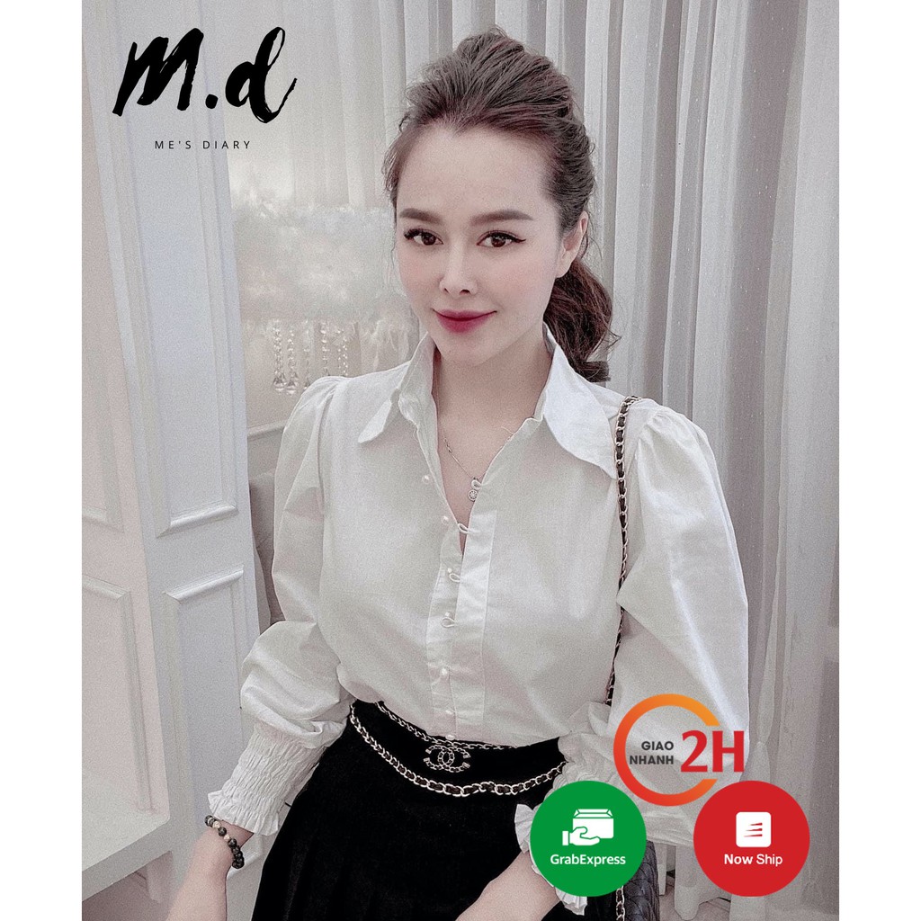[Mã WASKT304 giảm 15% tối đa 30K đơn 99K] Áo sơ mi trắng nữ, cổ đức bo tròn, tay dài chun, cúc ngọc cực đẹp