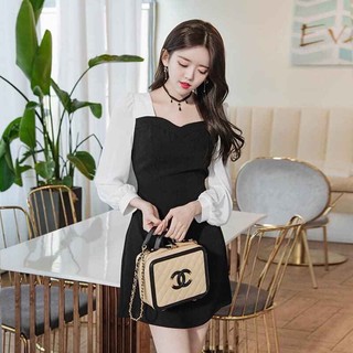 Đầm suông cổ vuông phối 2 màu đen trắng dễ thương TTSA0097