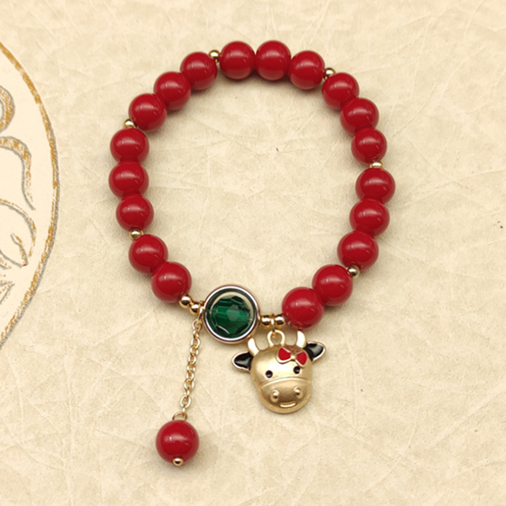 Glass Crystal Lucky Bag Red Bead Bracelet Cute Cattle Pendant Adjustable Fashion Accessories Women