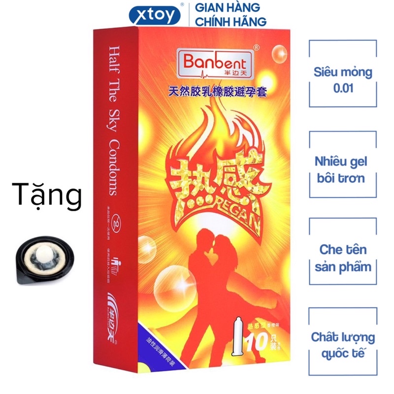 Bao cao su BANBENT Regan 0.01 siêu mỏng, nhiều gel, truyền nhiệt, cảm giác chân thật, hương cam, Hộp 10 bcs quà tặng kèm