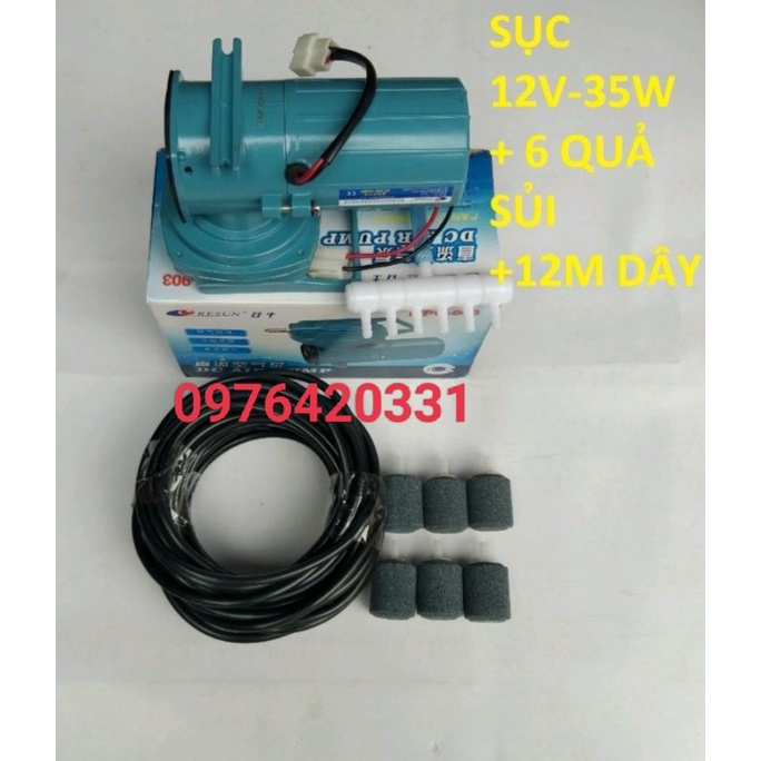 Máy Sủi Tạo Oxy Bể Cá,Tôm Chạy Ắc Quy 12V , Combo Máy Sủi 6quả 12m dây