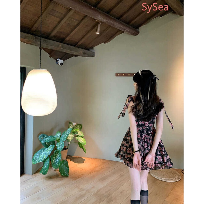 Đầm Hai Dây Họa Tiết Hoa Phối Nơ Phong Cách Hàn Quốc Quyến Rũ Cho Nữ