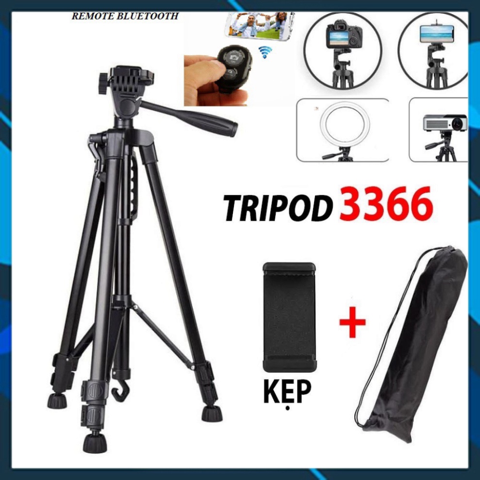 (Sẵn) Gậy Tripod 3 chân cho điện thoại và máy ảnh 3366 dài 1m50 cao cấp - Tặng kèm Đầu kẹp điện thoại và Remote Bluetoo