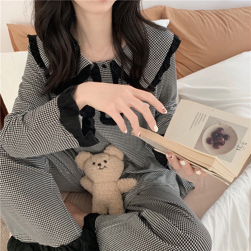 Bộ Đồ Ngủ Tay Dài Cổ Búp Bê Họa Tiết Kẻ Ô Màu Đen Phong Cách Hàn Quốc Thời Trang Mùa Thu Cho Nữ