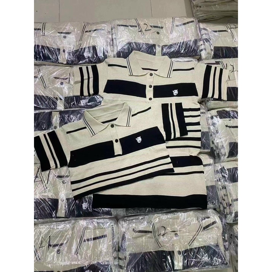 Váy len suông kẻ ngang cổ bẻ logo ngực gấu - set bạn thân