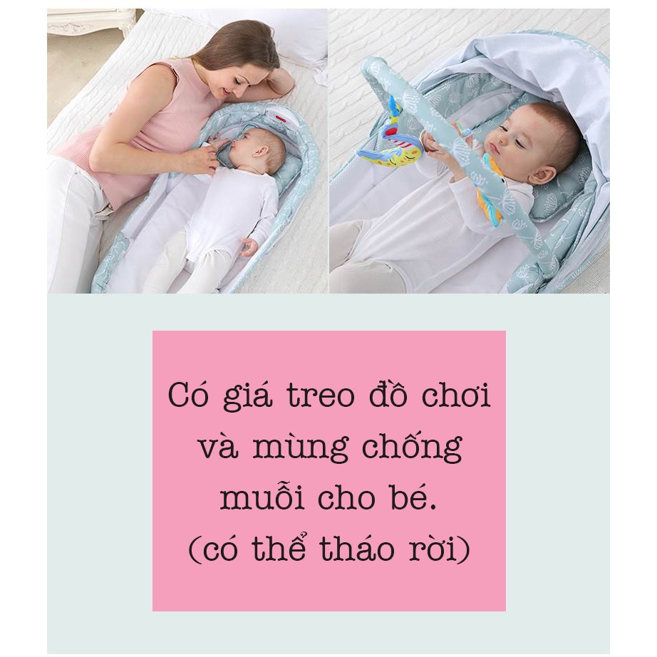 [Từ 0 -1 tuổi] Giường nôi di động gấp gọn, nôi ngủ với bố mẹ IBABY có MÙNG và giá treo đồ chơi, gối chống bẹp đầu