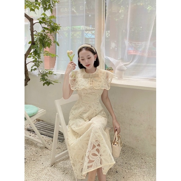 Đầm ren cổ bèo dáng dài nơ cổ xinh xắn