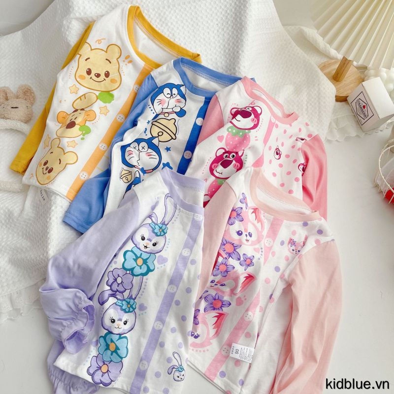 Bộ Đồ Ngủ Tay Dài Vải Cotton Phối Nút In Hoạt Hình Dễ Thương Cho Bé