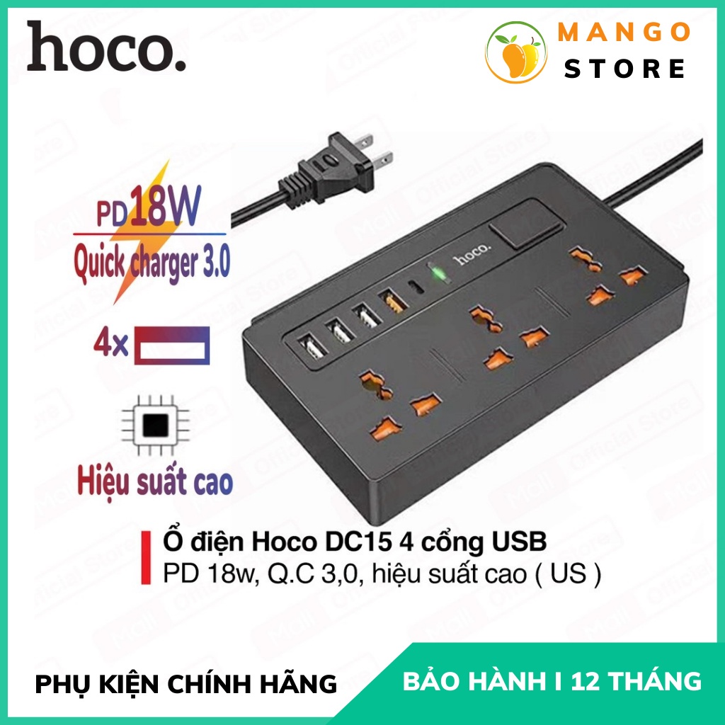 ♦Ổ Cắm Điện Đa Năng Sạc nhanh 18W Hoco DC15 Chính Hãng Có 4 Cổng USB Thông Minh , Hãng, An Toàn