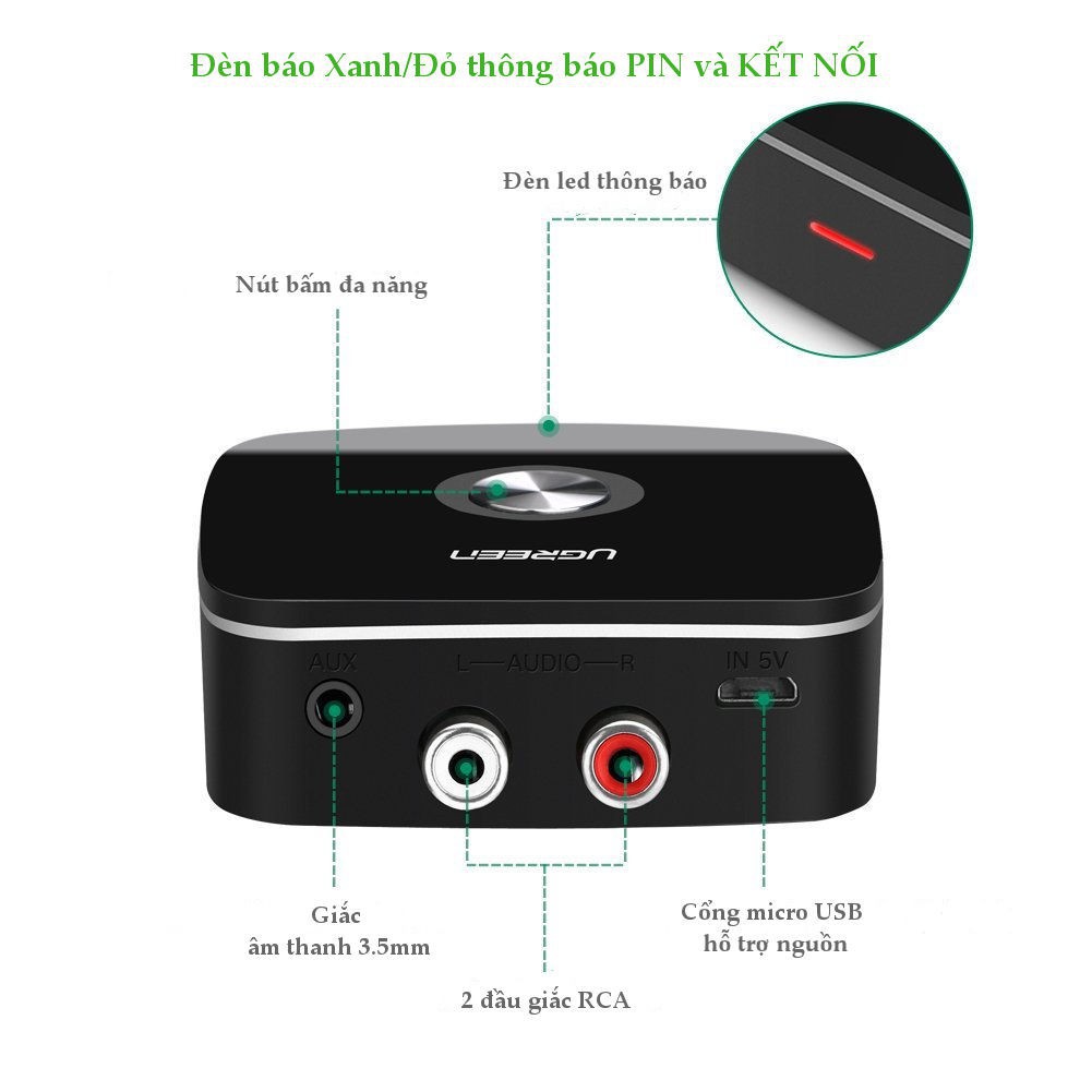 Thiết bị thu Bluetooth 5.1 Music Receiver cho loa, âm ly UGREEN 30445,40759 - HÀNG CHÍNH HÃNG