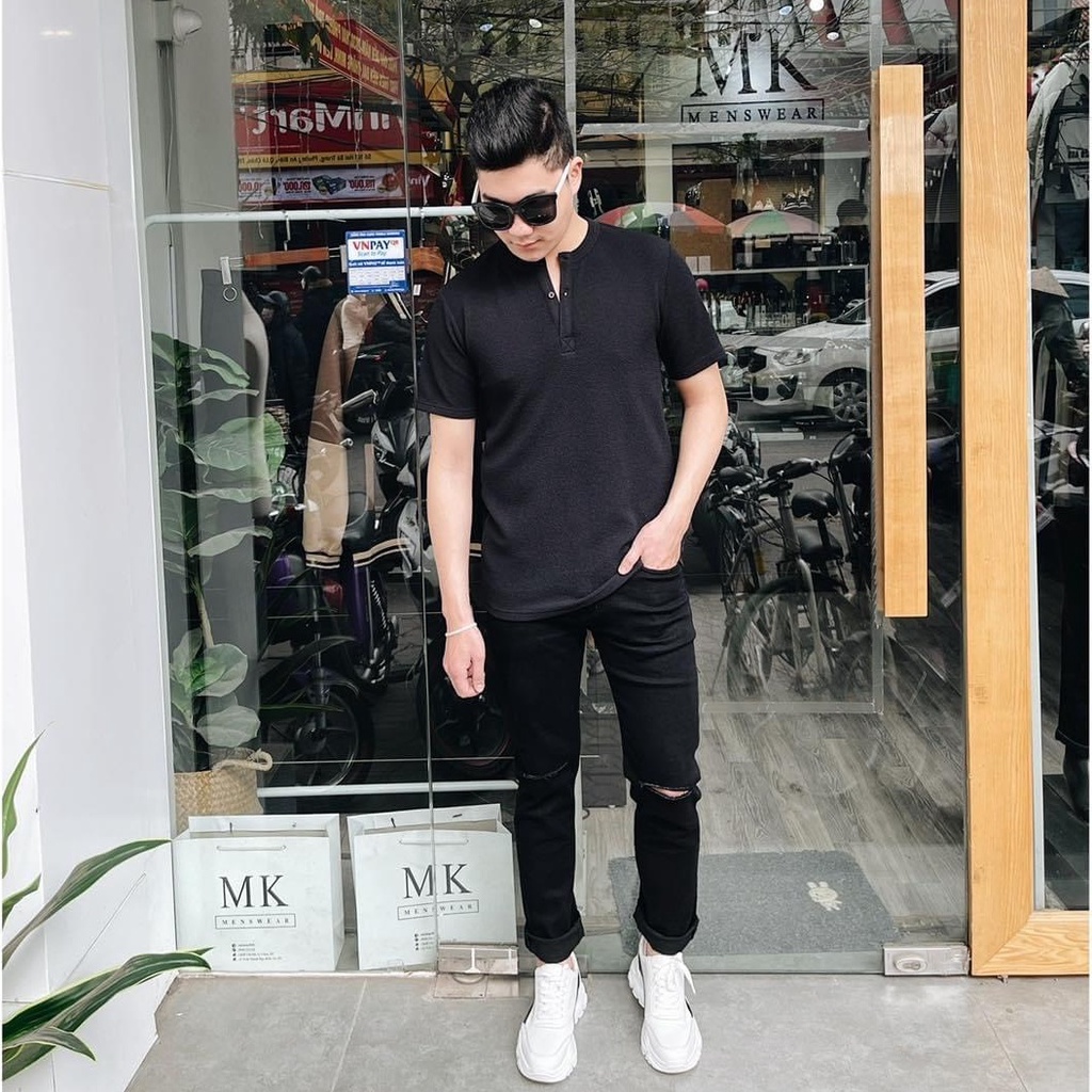 Áo phông cổ tàu nam thời trang -Áo Thun Nam Cổ Tàu Basic Vải Cotton Tổ Ong Dày Dặn -3Tshop