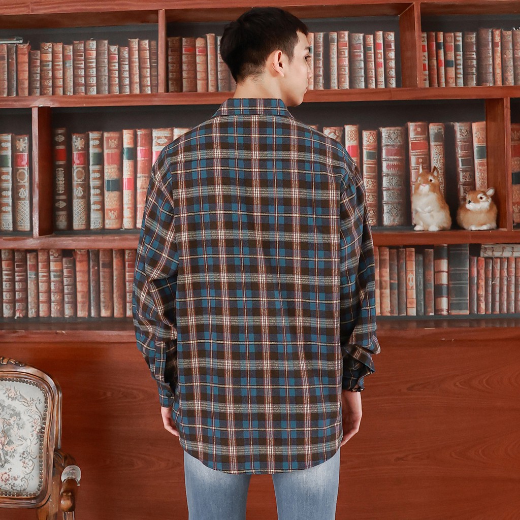 Áo Sơ Mi Flannel Sọc Xanh Nâu Chất Liệu Cotton Thoáng Mát